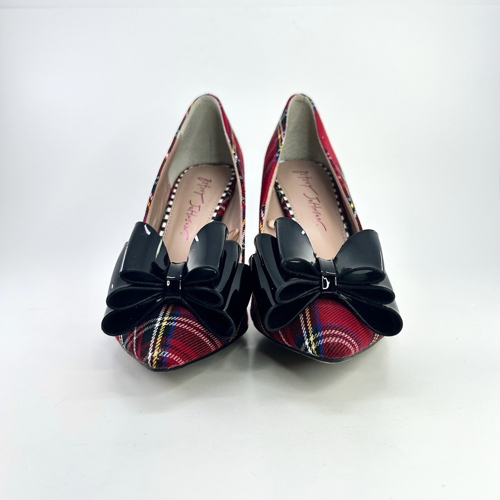 Betsey Johnson Bret Pumps 7 Red Tartan Plaid Black Bow Stiletto Cocktail Heels - Picture 6 of 12